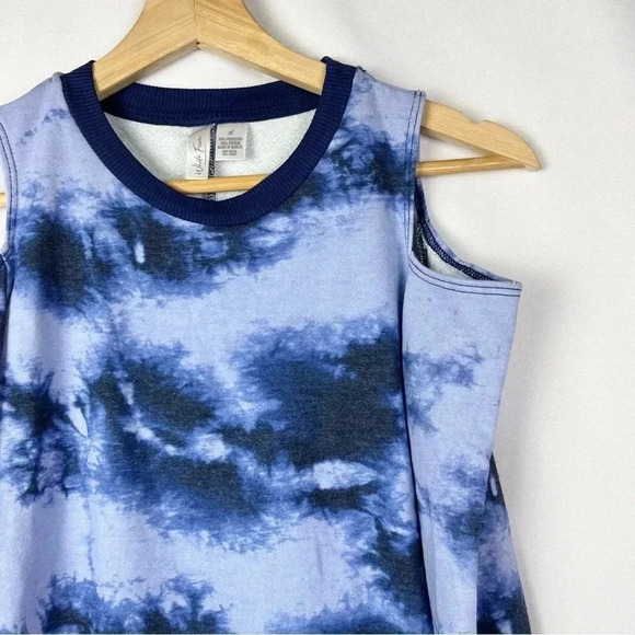 White Fawn Blue Tie Dye Cold Shoulder Long Sleeve Mini Dress M - Picture 3 of 4